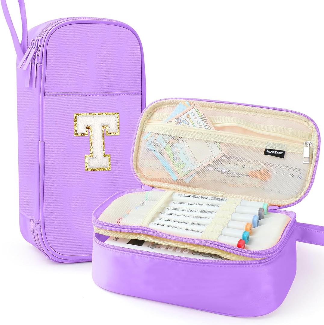 Large Pencil Case,Big Capacity Pencil Pouch,Personalized Initial Pencil Bag with smooth zipper,Multiple Pockets,Cute Aesthetic Stationery Pen Case Bag for Teen Girls College (Purple, T)