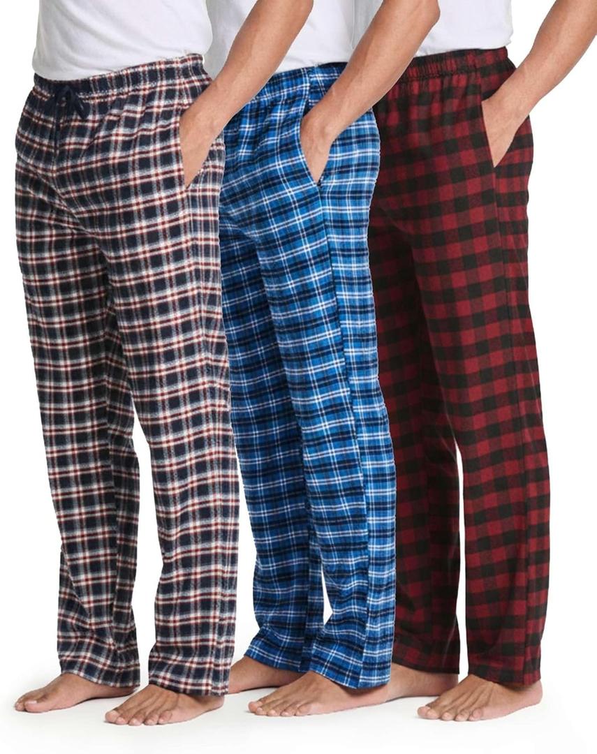 Real Essentials 3 Pack: Men's Soft Cotton Flannel Pajama Pants PJ Lounge Bottoms Elastic Waist Pockets (Big and Tall) (Large)