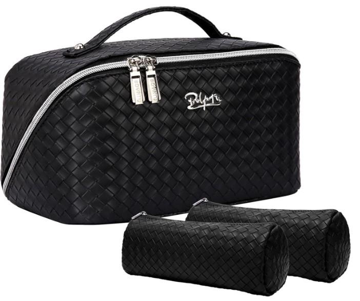 BOYATU Travel Makeup Bags for Women: Large Cosmetic Bag - PU Leather Make up Bag Set of 3 - Compact Toiletry Organizer with Compartments (L03 Black)