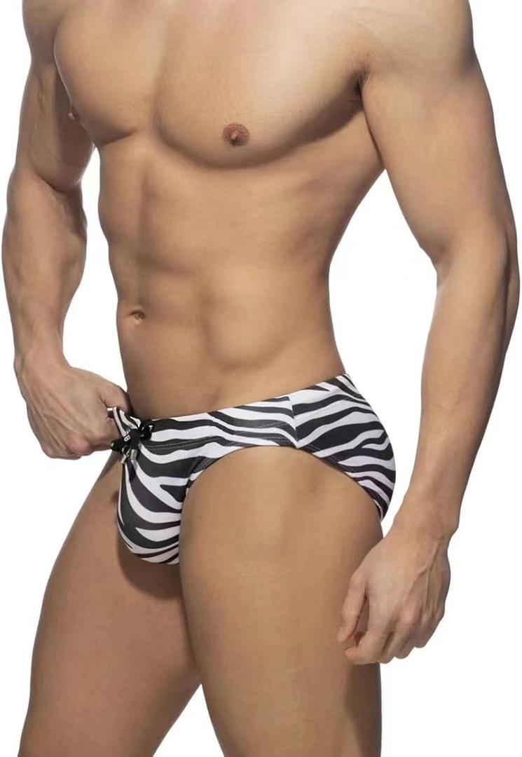 Men's Bikini Swimwear Sexy Low Rise Swimming Briefs with Adjustable Drawstring (Medium, Zebra)