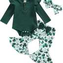 Infant Baby Girl Valentine's Day Outfits Long Sleeve Romper Lace Heart Bodysuit with Red Flare Pants Set 2Pcs (12-18 Months, Clover Green)