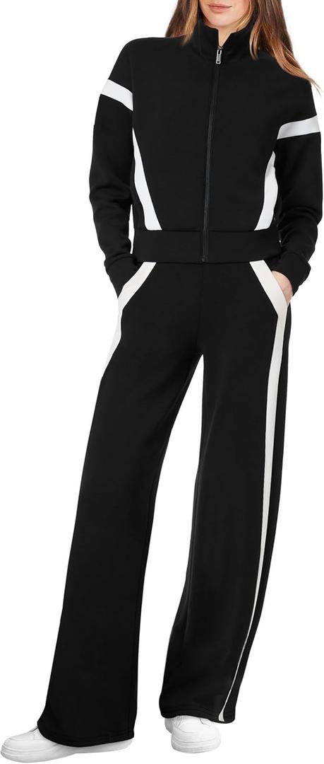 XIEERDUO Lounge Sets for Women 2025 Sweatsuit 2 Piece Outfits Sweatshirt Wide Leg Sweatpant Tracksuit Matching Set (Medium, Black+white)
