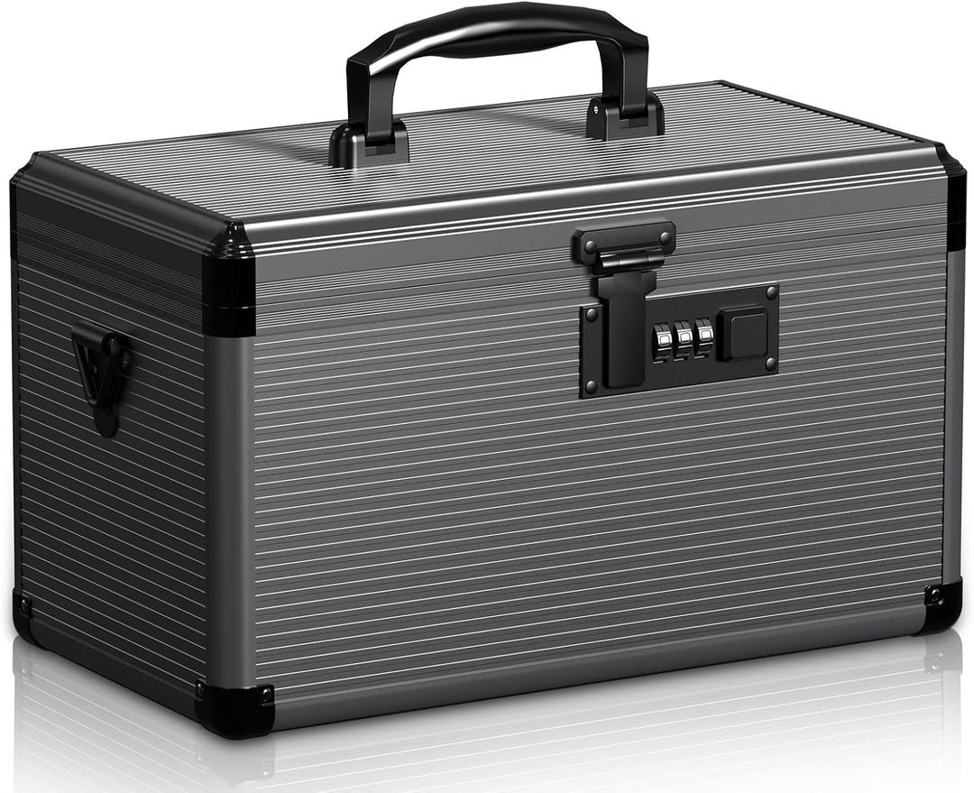 Medicine Lock Box with Code, Locking Medicine Box with Removable Tray & Pocket Bag, Portable First Aid Box for Home, 14 * 8.85 * 7.5 Inch (Black)