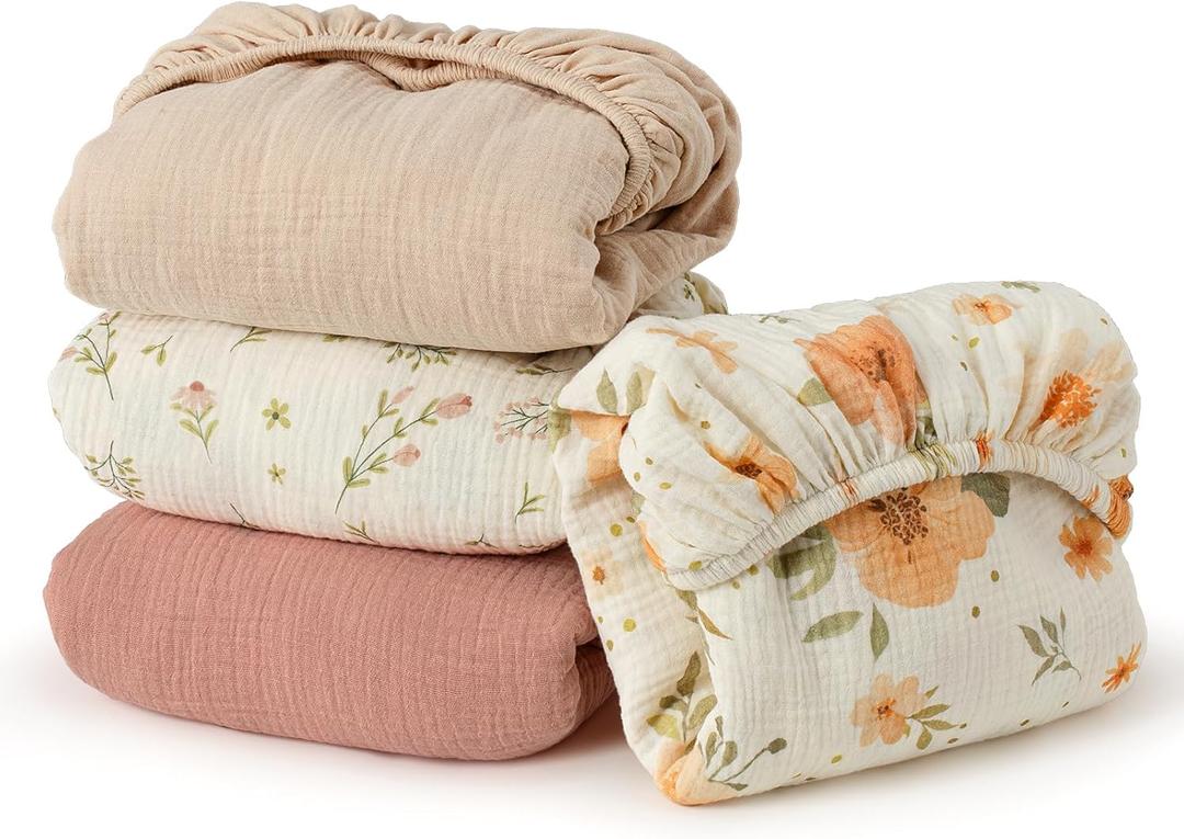 Muslin Crib Sheets, 52"x28" Fitted Crib Sheet for Baby Girl and Boy, 4 Pack Soft Cotton Cover for Standard Crib Baby Bed and Toddler Mattress (Floral, Pink and Brown)