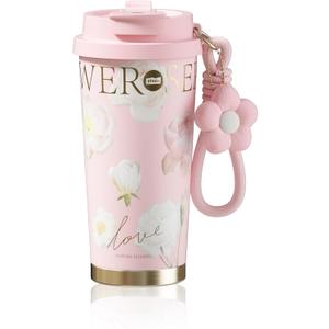 Insulated Travel Coffee Mug,18 oz Stainless Steel Coffee Tumbler with Flip Straw, Double Wall Thermal Cup with Leak Proof Lid,Reusable Ceramic Water Bottle for Office, Pink