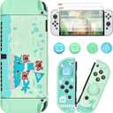 DLseego Animal Crossing Switch OLED Case Protective Cover Dockable Hard Shell Joy Con Skin Accessory With 4PCS Thumb Grips Caps and 2PC Screen Protectors (Green)
