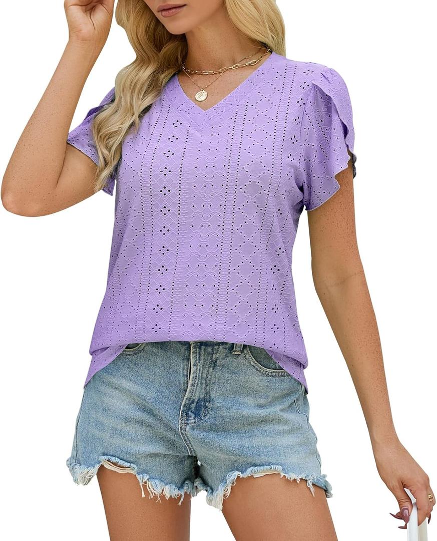 Womens T Shirts Trendy 2025 Eyelet V Neck Tops Loose Short Sleeve Shirts Casual Summer Beach Vacation Clothes (Small, Purple)