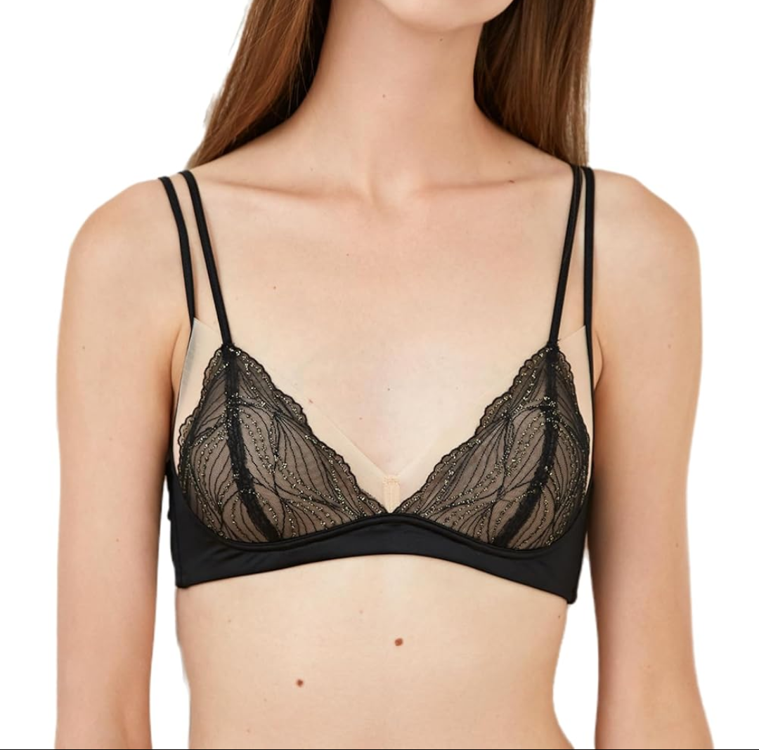 Women’s Embrace Lace Bra, Comfort Wireless Triangle Padded Bralette for AA-BCup Champagne(Size L), Black