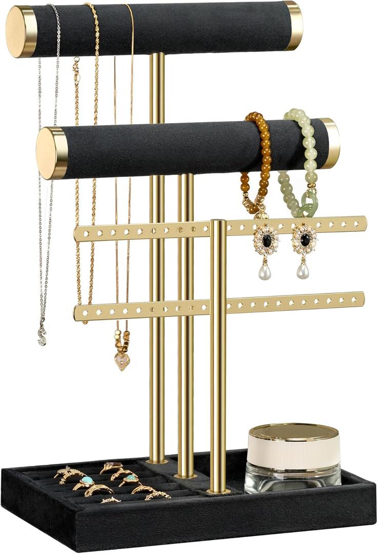 bussdis 3 Tier Bracelet Holder Display - Detachable T Bar Black Velvet Bracelet Holder, Jewelry Holder Organizer for Bracelet, Necklace, Earrings, Rings