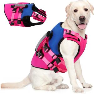 AOFITEE Dog Life Jacket, High Flotation Dog Life Vest with Rescue Handle, Reflective Dogs Life Preserver for Swimming Boating, Adujstable Pet Swimsuit Vest for Small Medium Large Dogs, Pink XL