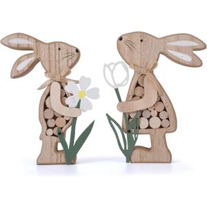 Easter Decorations for Table,Farmhouse Rustic Wooden Bunny with Metal flower Tiered Tray Decor Spring Party Outdoor Indoor Decor for Table Tabletop Shelf Mantel Yard,Easter Gifts for Kids (Brown)