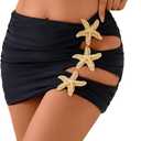 SHENHE Women's Swim Cover Up Skirt Cut Out Ruched Bodycon Starfish Decor Beach Skirt (X-Large, Black)