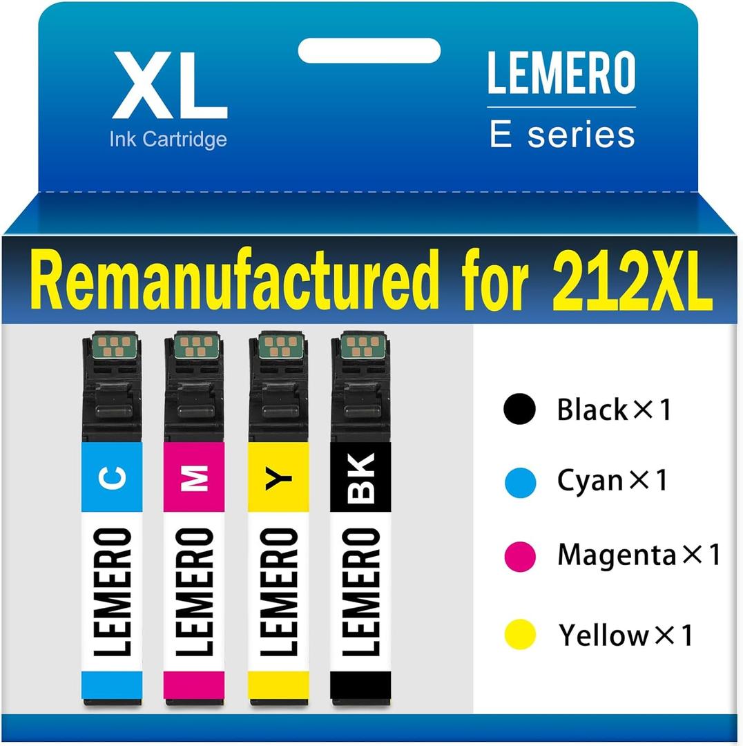 LEMERO Remanufactured Ink Cartridge Replacement for Epson 212XL 212 XL T212 Work with Workforce WF-2850 WF-2830 Expression Home XP-4100 XP-4105 Printer (Black, Cyan, Yellow, Magenta, 4-Pack)