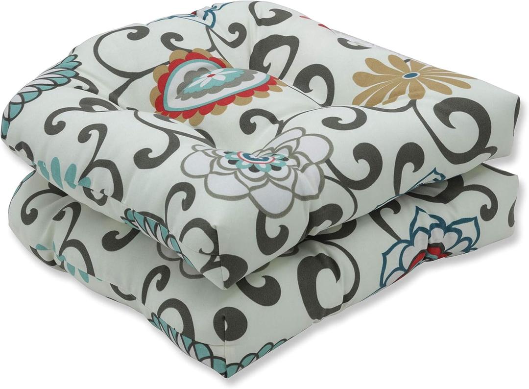 Pillow Perfect Floral Indoor/Outdoor Chairpad with Ties Reversible, Tufted, Weather, and Fade Resistant, 15.5" x 16", Blue/Brown Pom Pom Play 2 Count