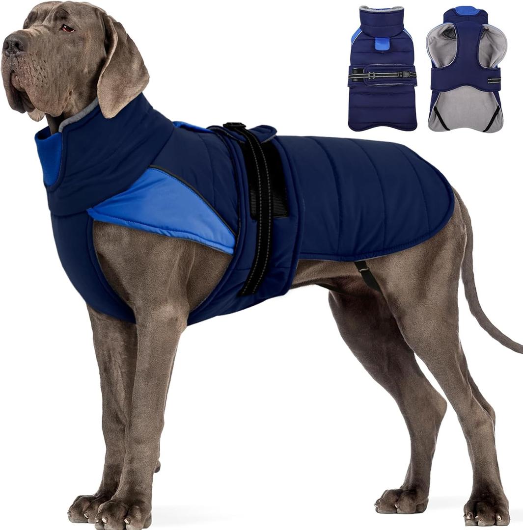 MIGOHI Thermal Large Dog Fleece Jacket - Rainproof Coat for Large Dogs, Thick Dog Winter Coat, Snow Jacket for Dogs Windproof for Hunting Camping, Windy Chilly Days, Doberman, Great Dane, 3XL, Dark Blue