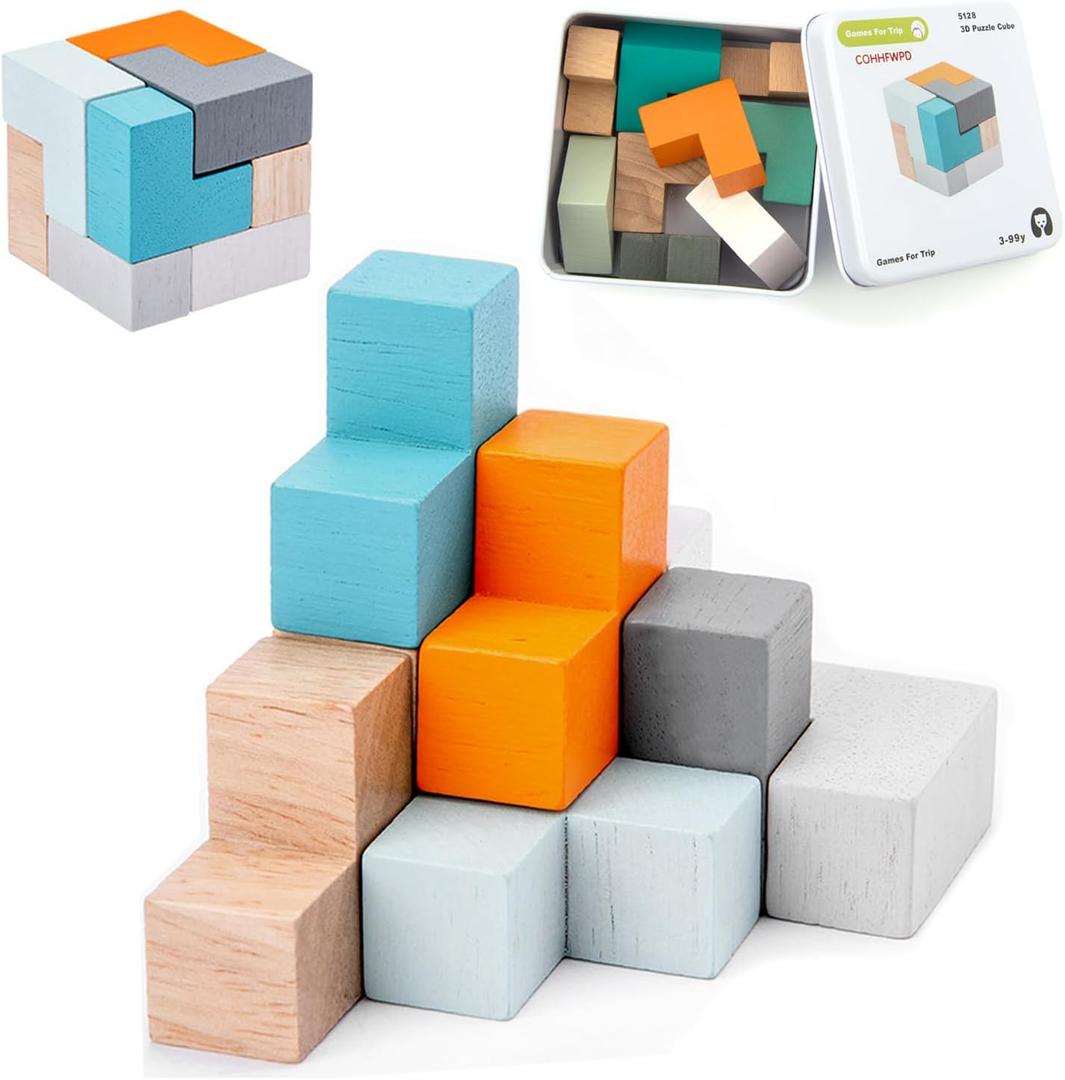 Wooden Cube Puzzle, Mini Size Cube in Tin Case for Travel, Assembly and Disentanglement Cube Puzzle for Child Ages 6+