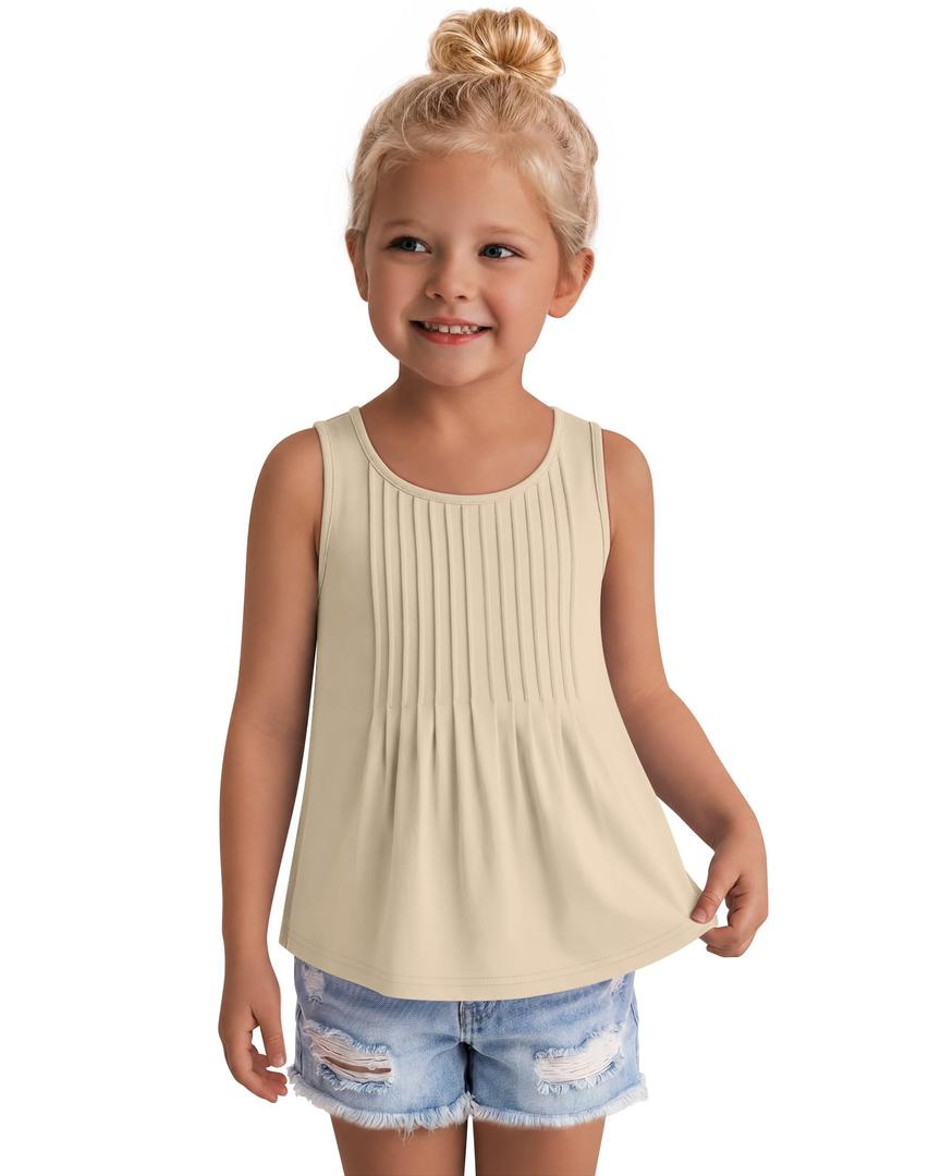 Ficerd Toddler Girls' Tank Tops Sleeveless Pleated Tunic T-Shirts for Baby Crew Neck Summer Dressy Loose Plain Tee Blouses(4T,Apricot)