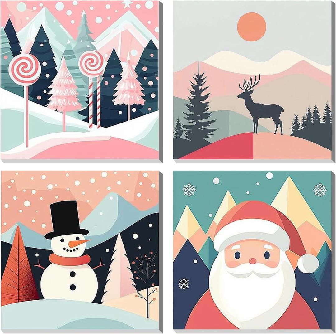 4 Pack Paint by Numbers Kits for Adults Kids Beginner, Christmas Easy Framed Adults Paint by Number Kits on Wooden Framed Canvas, DIY Acrylic Color Painting by Number for Home Decor Gift 8x8 Inch