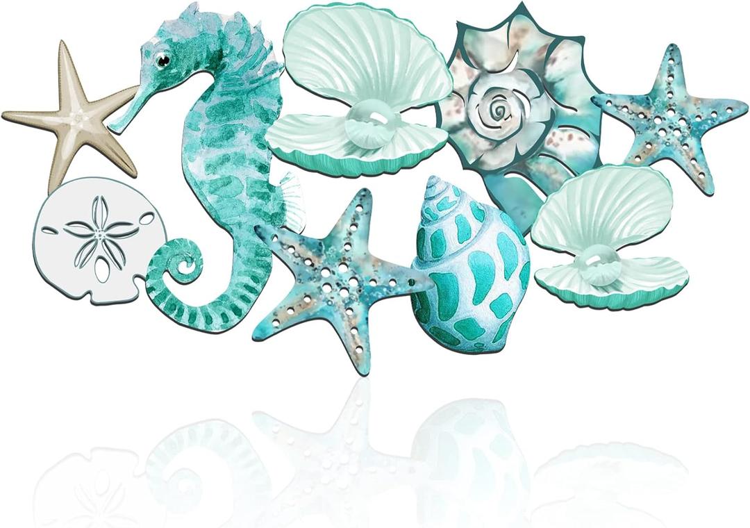 Pinkunn Metal Beach Wall Decor Seashell Beach Themed Bathroom Decor Rustic Nautical Ocean Coastal Starfish Seahorse Themed Wall Art for Living Room Bathroom Bedroom,15.8 Inch (Aqua Blue)