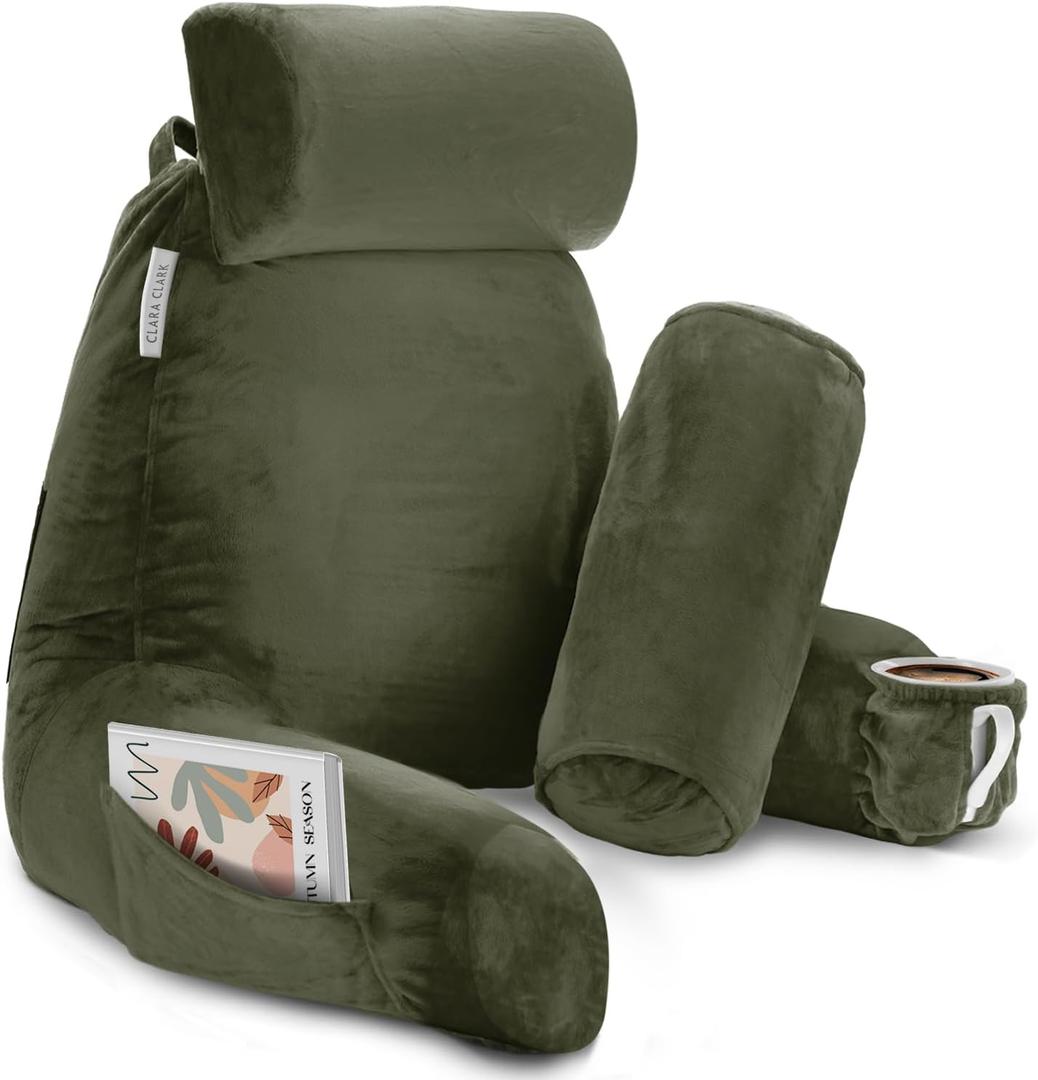 Clara Clark Reading Pillow with Shredded Memory Foam Includes 2 Neck and Lumber Support Pillows, Designed for Sitting Up in Bed and Couch, Back and Arms Adjustable Support for Adults, Olive Green