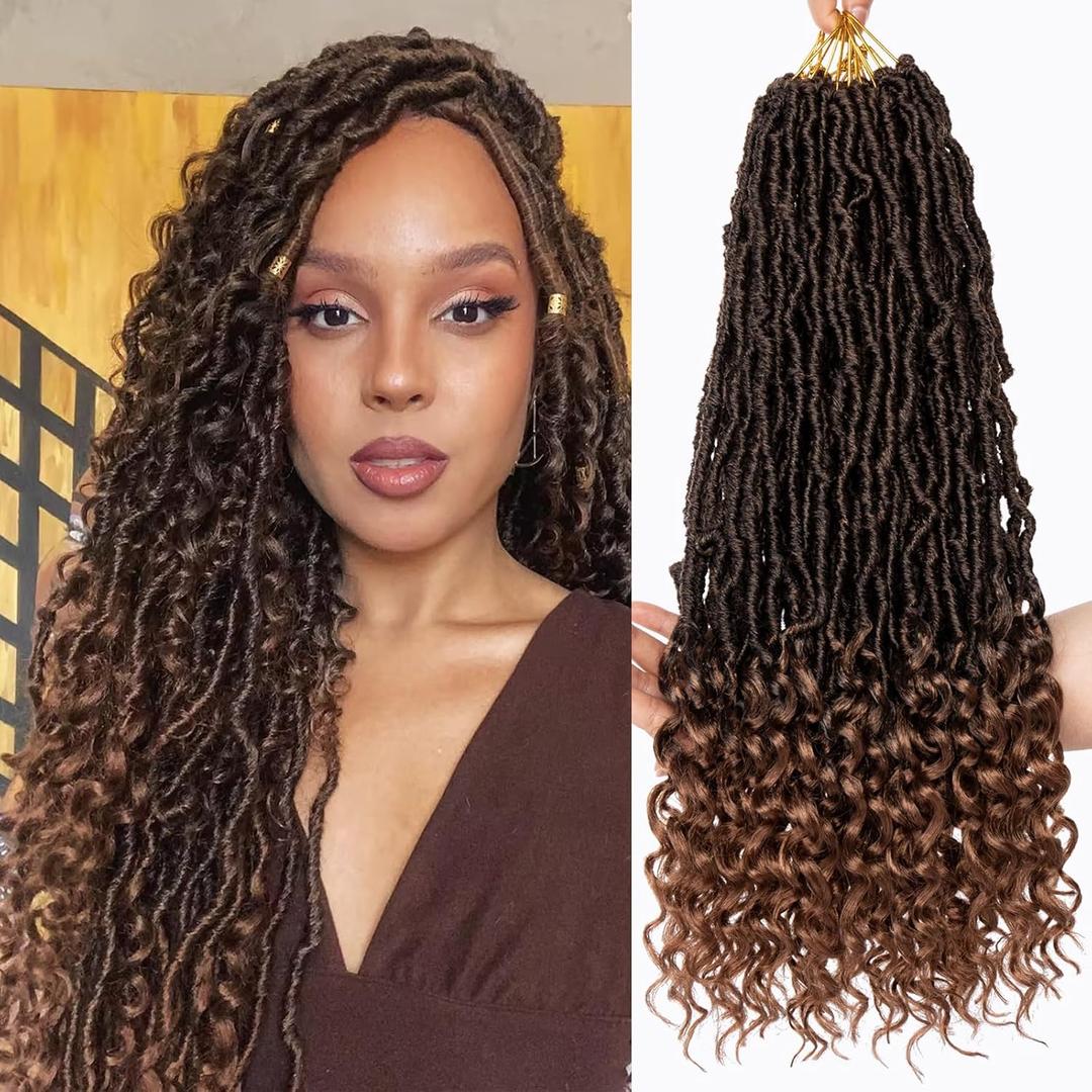 Leeven 18 Inch New Faux Locs Crochet Hair With Curly Ends 84 Strands Ombre Brown Bohemian Goddess Locs Crochet Hair With Curls 7 Packs Synthetic Wavy Soft Locs Crochet Hair for women T30#