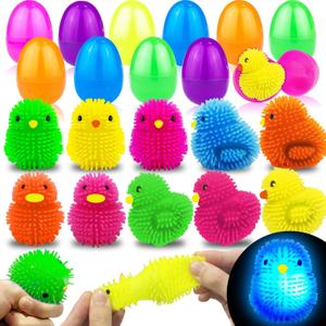 Easter Basket Stuffers 12 Pack Easter Eggs Filled with Chick Duck LED Puffer Balls,Light Up Stress Relief Fidget Toys Squeeze Sensory Ball for Toddler Kids Boys Girls Easter Egg Hunt Party Favor Gift