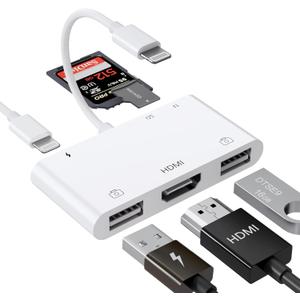 Lightning to HDMI Adapter with USB Camera and Charging Port, SD Card Reader for iPhone, 6 in 1 Camera Adapter to iPhone, Supports MIDI Keyboard, Mouse, HD TV/Projector/Monitor, Plug & Play White Lightning to HDMI Adapter with USB Camera and Charging Port, SD Card Reader for iPhone, 6 in 1 Camera Adapter to iPhone, Supports MIDI Keyboard, Mouse, HD TV/Projector/Monitor, Plug & Play White