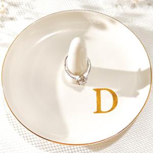 Ceramic Initials Jewelry Tray Ring Dish With Personalized D-Monogrammed Engagement Wedding Gifts, for Birthday Mother's Day for Women, Ceramic White 4.7" x2.4"