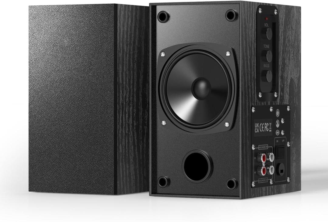 Elimavi 30W X 2 Powered Bookshelf Speakers - 3.5-RCA Input for Turntable, TV, PC, Record Player Speakers with 4 Inch Woofer & Wall Mounted (Black)