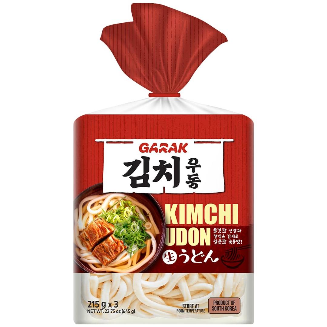 GARAK Kimchi Soup Udon Noodles (3 Packs)  Thick Japanese-Style Korean Noodles with Seasoning, Ready in 2 Minutes, Perfect for Quick Meals (645g / 22.75oz)