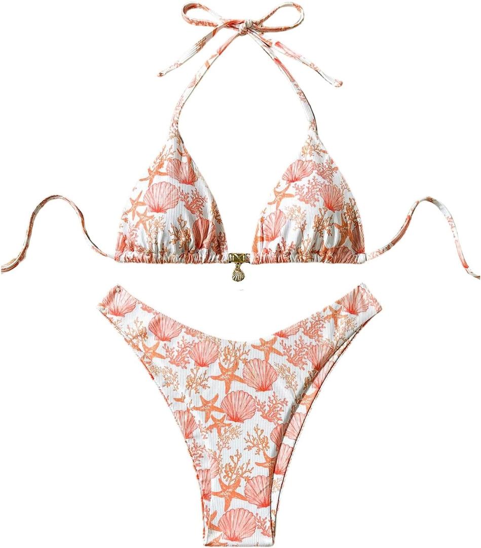 MakeMeChic Women's Halter Triangle Thong Bikini Sets High Cut Swimsuit Bathing Suit Swimwear (Orange White)