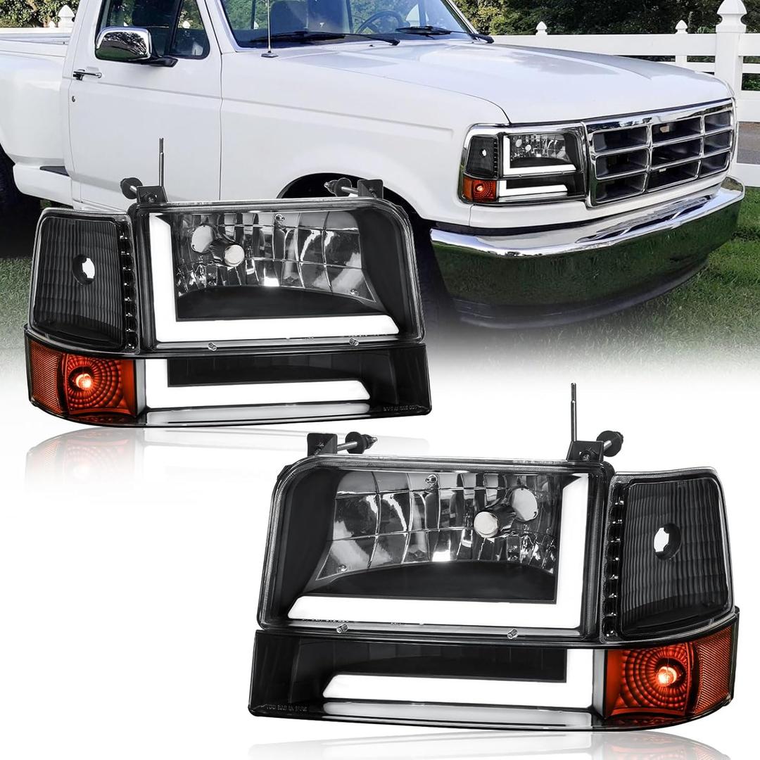 LED DRL Headlights Compatible with 1992-1996 Ford F150 F250 F350 & Ford Bronco Replacement Headlamp Amber Reflector Black Housing