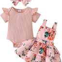 Baby Girl Clothes Cute Summer Outfits Short Sleeve Romper Adjustable Floral Overall Dress Headband 3PCS (Pink, M)