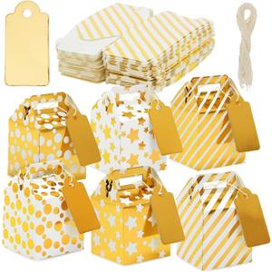Juvale Party Favor Boxes - 36 Mini Gold 2 x 2 x 2 in With Tags & Strings - 3 Patterns Polka Dot, Stars & Stripes - Paper Packaging for Wedding & Birthday Truffles