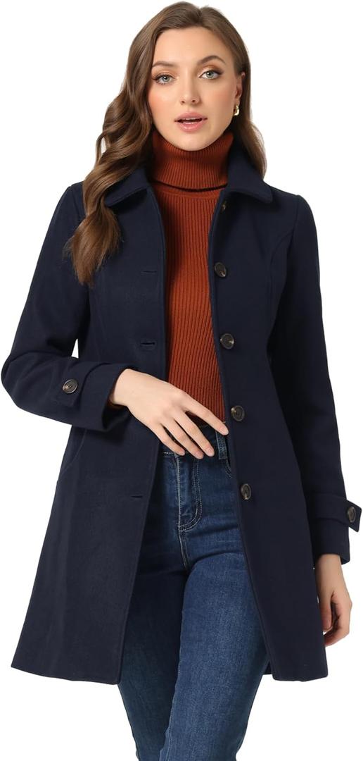 Allegra K Women's Winter Outerwear Overcoat Peter Pan Collar Mid-thigh A-line Single Breasted Pea Coat (Medium)