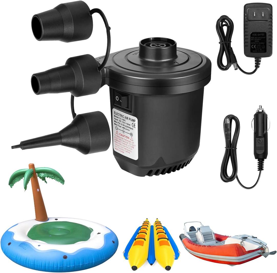 Air Pump for Inflatables, Portable Quick-Fill Electric Air Mattress Pump with 3 Nozzles, Inflator & Deflator Pumps for Outdoor Camping, Pool Floats, Inflatables Couch, Swimming Ring, 12V DC/110V AC (White)