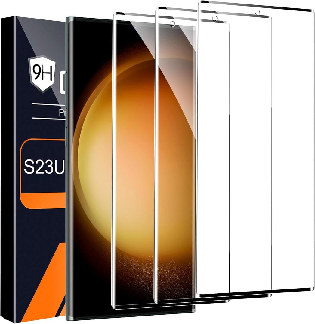 3 Pack HD Clear Tempered Glass Screen Protector for Samsung Galaxy S23 Ultra 5G, Fingerprint Unlock, 3D Curved, Scratch Resistant, Bubble-Free