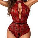 Avidlove Lingerie for Women Halter Lace Bodysuit V Neck Teddy One Piece Babydoll Nightgown (XX-Large, Black Red)