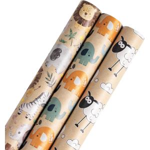 RUSPEPA Kraft Wrapping Paper Rolls, Mini Roll, Animal Design Great for Birthday, Spring, Party, Holiday, 17 inches x 10 feet per Roll, Total of 3