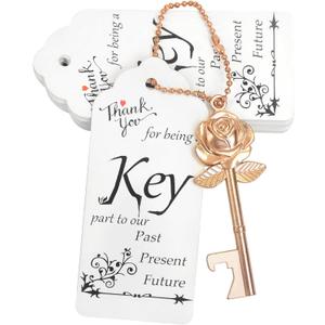 Aokbean 100 Sets Rose Flower Shaped Keys Wedding Favors Gift for Guest Bulk Skeleton Key Bottle Opener with Card and Chain for Rustic Party Bridal Showers Decorations (Rose Gold)