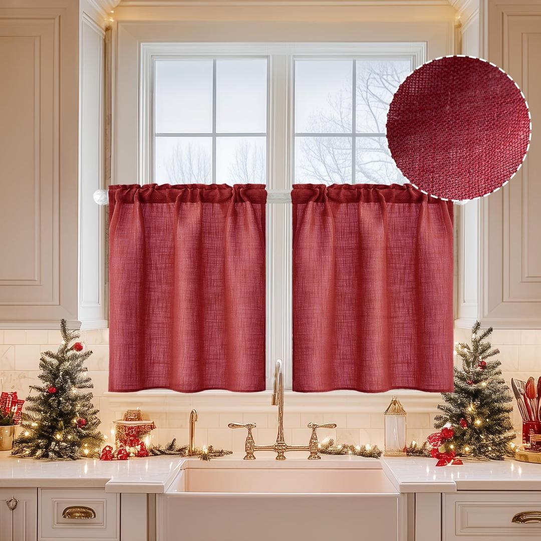 MIULEE Christmas Linen Cafe Curtains 30 Inch Length for Kitchen Bathroom Over Sink 2 Panels, Farmhouse Rod Pocket Short Semi Sheer Light Filtering Tier Curtains for Small Half Window, Burgundy Red