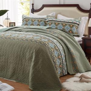 LEAONME Quilt Set Full/Queen Size 3 Piece Bedspread Coverlet Lightweight Comforter Microfiber Bedding Set for All Season Oversized 90x98 Inch Bed Cover Bohemian Olive Green(1 Quilt,2 Pillow Shams)