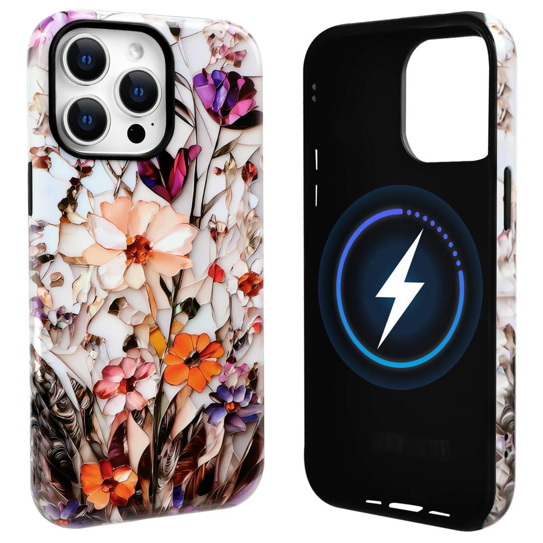 NITITOP Compatible with iPhone 14 Pro Max Case Cute Magnetic Compatible with MagSafe Flowers Floral for Women Girl Glossy Soft TPU Hybrid 2 Layers Back Shockproof Protective Cover - Orange Daisy