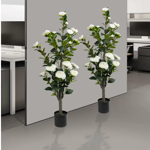 2-Pack 38-inch Artificial Tea Rose Tree, Faux Camellia Plant in Pot with 20 White Flowers, Realistic PE & Silk Cloth Indoor Outdoor Decor for Home Office Living Room (White)