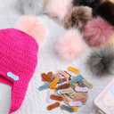 Cinnvoice 30 Pcs Faux Fur Pom Poms for Hats 4" with 100 Pcs Handmade Leather Tag Label Fluffy DIY Knitting Hat Pompoms with Elastic Loop Crochet Craft Accessories for Shoes Scarves Gloves Bag Keychain