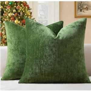 decorUhome Chenille Moss Green Christmas Throw Pillow Covers 18x18 Inch Set of 2, Decorative Soft Couch Pillow Covers Solid Dyed Accent Farmhouse Neutral Square Pillow Cases for Sofa