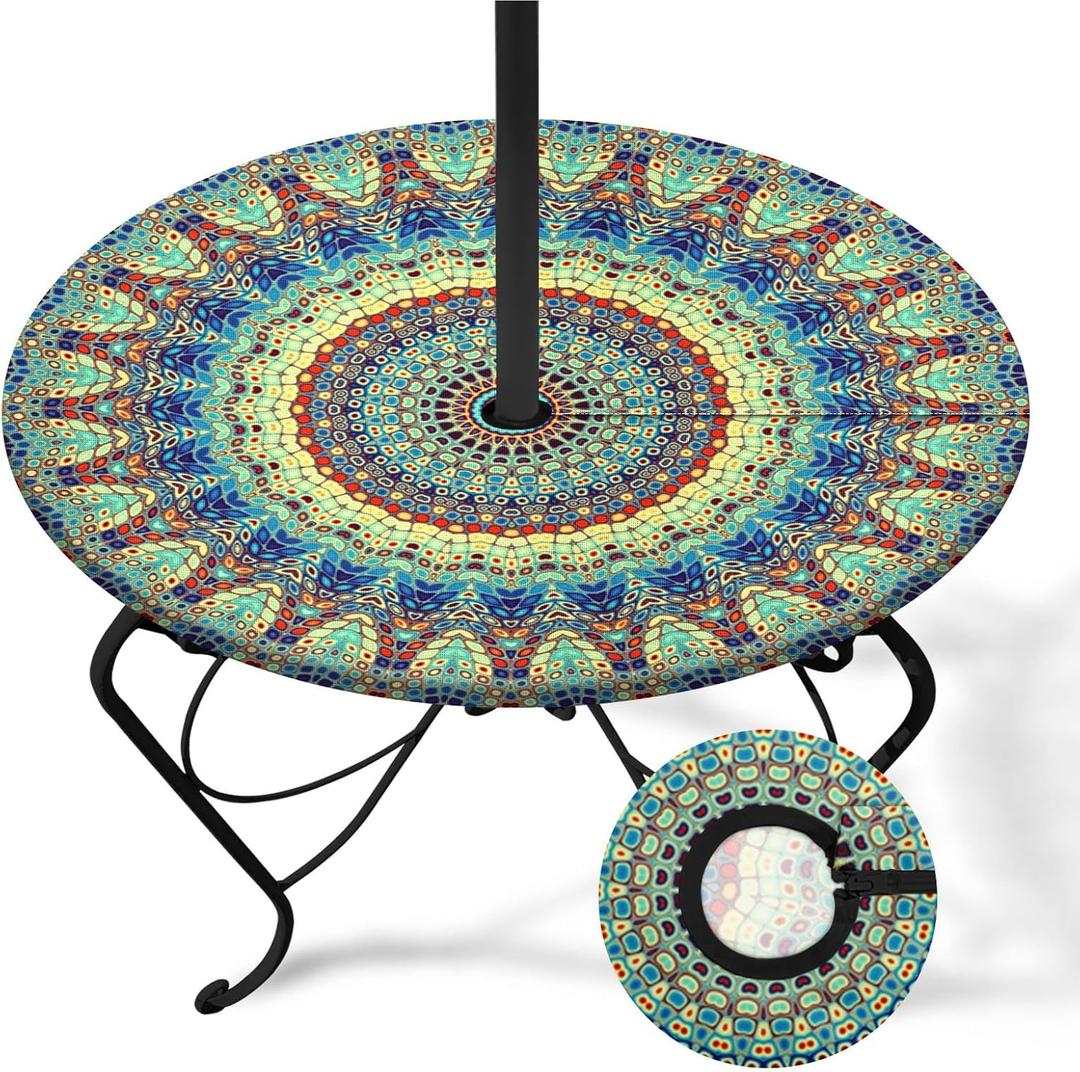 Boho Round Outdoor Tablecloth with Umbrella Hole, Green Fitted Table Cover with Zipper, Outdoor Camping Essentials, Waterproof Umbrella Table Cloth with Elastic (45''-54'')