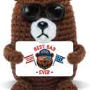 2 x Best Dad Ever Gifts - Handmade Positive Crochet Animals Bear with Card - Fathers Day Birthday Gifts for Dad from Daughter Son, Funny Bear Gift for Dads, Stepdad Father Gift, Table Desk Decor (Brown - Patriotic Dad)