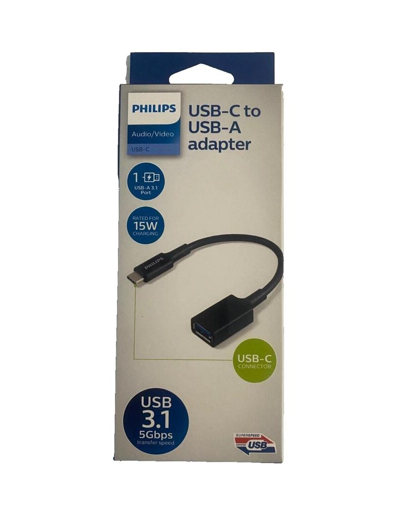 Philips USB-C to Female USB-A Adapter Audio Video USB 3.1 5Gbps Black SWU7113A