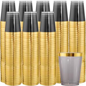 Supernal 100pcs Gold and Black Plastic Cups, 10oz Gold Rimmed Elegant Black Party Plastic Cups, Heavy Duty Fancy Wedding Drinking Tumblers for Family Gatherings, Parties, Birthdays (10oz Black and Gold Rim Plastic Cup, 100pcs)
